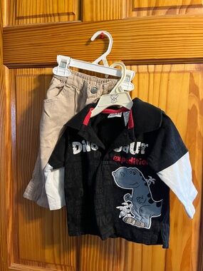 Little Rebels Black and Red Dino Expedition Two-Piece Outfit with Beige Pants